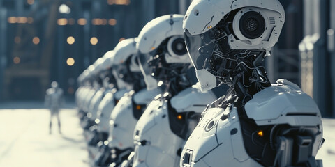 Fototapeta premium the development of artificial intelligence, in the style of light navy and silver, dystopian future