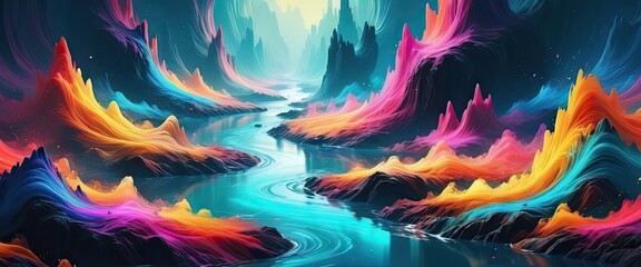 Colorful river in fantasy. Fairytale. Heaven
