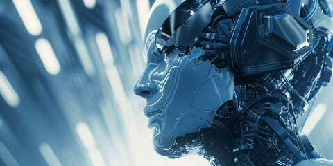 the development of artificial intelligence, in the style of light navy and silver, dystopian future