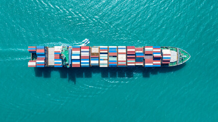 Cargo Container Ship top view. container ship running in the ocean import export shipping industry...