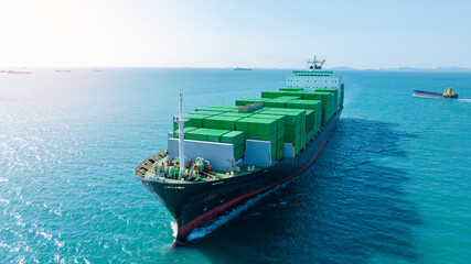 Green Cargo Container Ship, Cargo Container only green color. container ship running in the ocean...