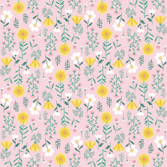 Floral Seamless Pattern of White, Pink, Yellow Flowers on Light Pink Backdrop. Wallpaper Design for Textiles, Fabrics, Decorations, Papers Prints, Fashion Backgrounds, Wrappings Packaging.