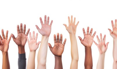 ethnic diversity in a raised hand. white background, 