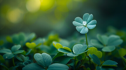 a green background with a bunch of clover leave, Four-leaf lucky clover over green bakcground, Shamrocks on a green background celebrate St. Patrick's Day,  Generative AI - obrazy, fototapety, plakaty
