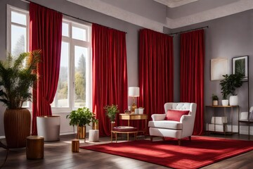 modern living room red curtiens