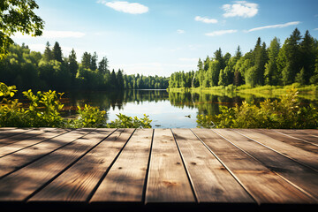 Empty brown wooden floor or table with mountain river, forest, lake and bright sky, bright sunshine...