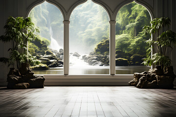 Open wooden windows or door brown wooden floor with a view of waterfall and rocks. Green trees with...