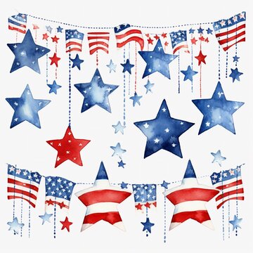 Independence Day red, white and blue clipart set on a white background