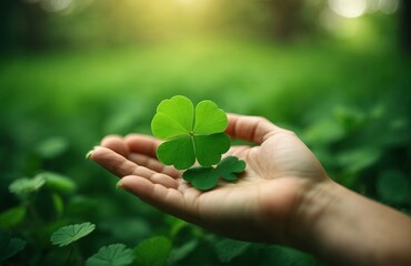 Fototapeta na wymiar Hand holding green clover leaf on nature background, St. Patrick's Day