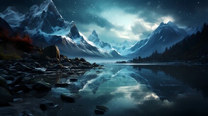 A hidden obsidian black lake nestled amidst snow-capped peaks, with the night sky filled with an abundance of shimmering stars