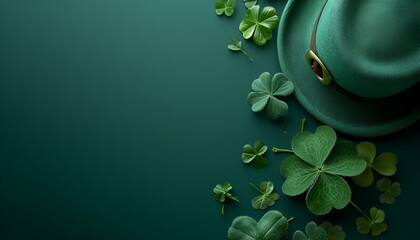 Green shamrock lucky top hat as St Patrick's day symbol and luck icon of Irish tradition with magical four leaf clover, Leprechaun's green hat and gold coins. 3D illustration, Generative Ai