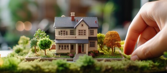 view of hand holding house model, real estate marketing concept