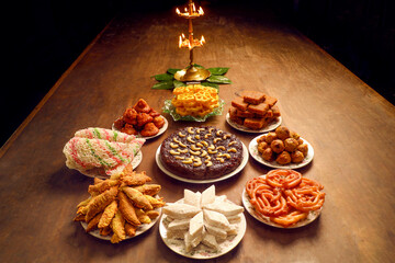 Sinhala Tamil New Year Traditional Foods with Oil lamp, Sri Lanka
