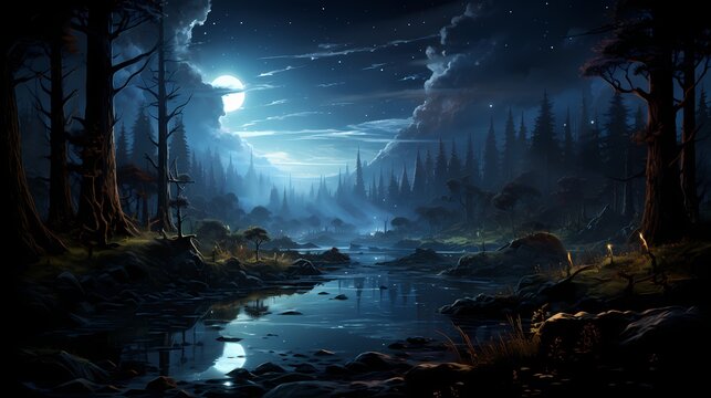 A hidden obsidian black lake nestled deep within a forest, its surface adorned with the shimmering beauty of the night sky