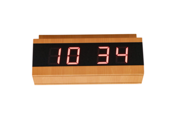 Digital clock time LED red number on black digital electric Brown wooden border stuck isolated on cut out PNG. time symbol concept for celebrating the New Year. At Time 10.34 AM.