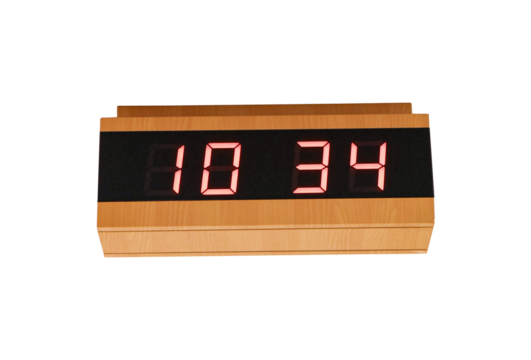 Digital clock time LED red number on black digital electric Brown wooden border stuck isolated on cut out PNG. time symbol concept for celebrating the New Year. At Time 10.34 AM.