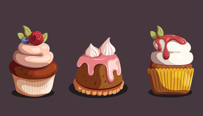 Set of cupcakes with cream, jam, berries, meringue. Baking, bakery shop, cooking, sweet products, dessert, pastry concept, catering. Vector illustration for poster, banner, website, advertising.