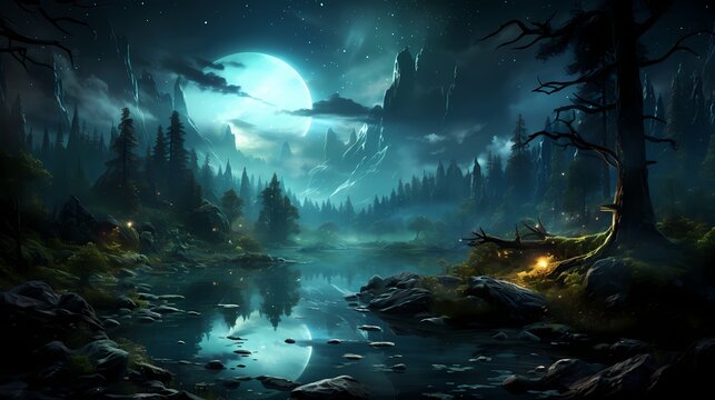 A hidden obsidian black lake nestled deep within a forest, its surface adorned with the shimmering beauty of the night sky