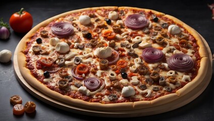 A sumptuous illustration of a delicious pizza topped with cheese and meat on the table. Illustration of pizza food for promotion