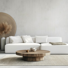 Round coffee table near white sofa against blank wall. Generative AI