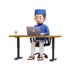 3D Characters of Muslim Man working on a laptop in working desk perfect for banner, web dan marketing material