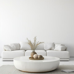 Round coffee table near white sofa against blank wall. Generative AI
