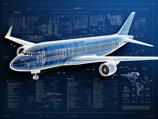 Infographic blueprint displays the precise technical details of a plane. 