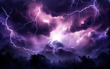 Purple thunderstorm lightning in the night sky. - obrazy, fototapety, plakaty