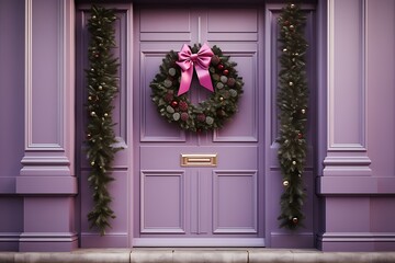 Pink door decorated with tree and gift bow. Christmas decoration.