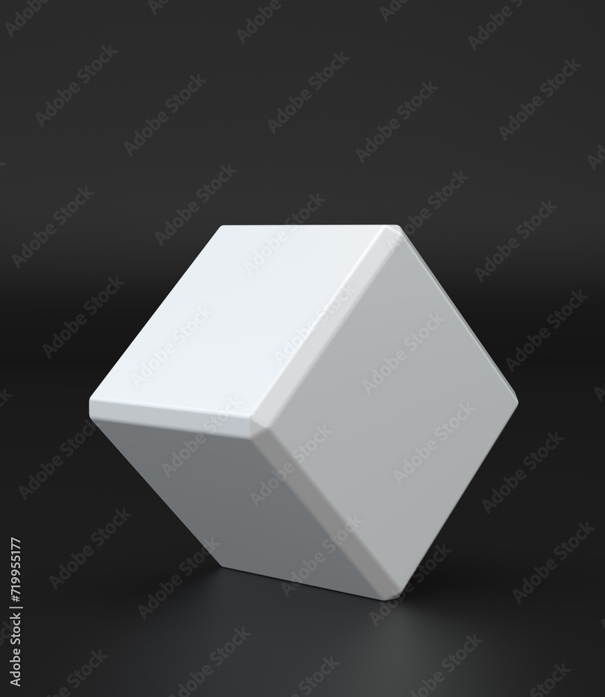 Poster white 3d cube with perspective on black background. 3d modeling box with lighting and shadow.