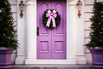 Fototapeta na wymiar Pink door decorated with tree and bow on the background of purple wall.
