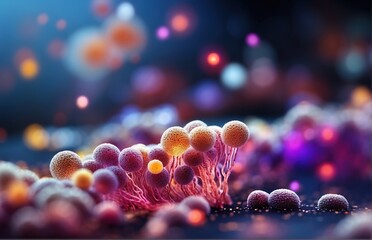 Macro close up shot of bacteria and virus cells field with different bacteria