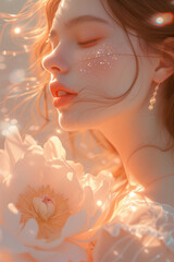 A beautiful gorgeous woman with peach warm tone makeup and flowers in her hair, Springtime Glamour, sweet dream fashion concept, glitter bright makeup, comfort, soft, beauty