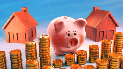 Pink cute bank loan piggy with golder dollar coins and wooden buildings or apartments in background. illustration for articles, expensive banking, insurance and rent prices and salary, home owners. 