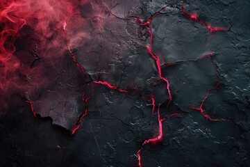 cracked black cement texture with red smoke. horror background
