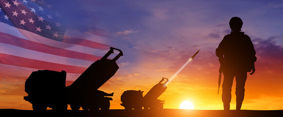 Artillery rocket system and soldiers at sunset with USA flag. Multiple launch rocket system. Veterans Day, Memorial Day, Independence Day. America celebration. 3d illustration - obrazy, fototapety, plakaty