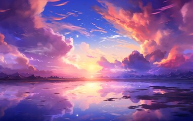 Beautiful sunset over the lake. Digital painting. Illustration. - obrazy, fototapety, plakaty