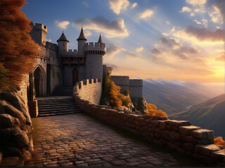 a castle is perched on a grassy hillside with a red flag flying at the top. The sky is a mix of...