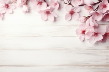 Spring flowers on white wooden background.
