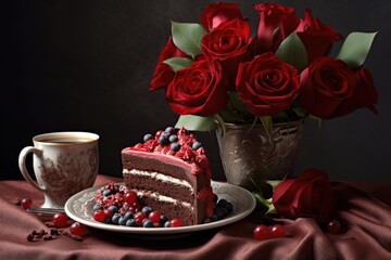 Red Velvet cake, coffee, roses for Valentines Day or birthday