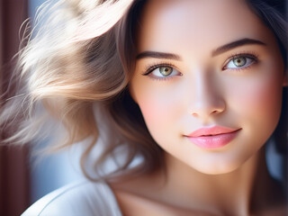 Naklejka premium A woman with brown or blue eyes and brown hair that is shoulder length. She is wearing a grey top and has a slight smile on her face.