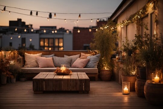 View over a cozy outdoor terrace with outdoor string lights. Autumn evening on the roof terrace design.