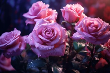 Blurry pink roses in a garden.