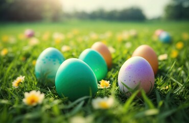 Fototapeta na wymiar Easter eggs on a green meadow