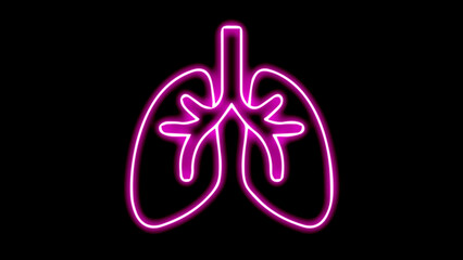 Lungs glowing neon icon on black background.glowing Human lungs icons. neon Lungs sign.Glowing neon icon on brick wall background.