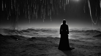A woman standing and watching over a barren landscape in an alien world. Black and White surreal photography - Powered by Adobe