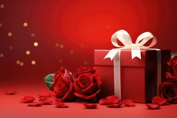 Valentines Day gift box and roses on red background.