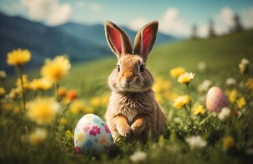 Fototapeta na wymiar Easter bunny in meadow with easter egg flower decoration