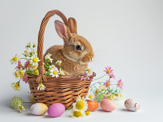 Easter background for website and social networks with space for text. Cute rabbit sitting in a basket with flowers on a white background. Spring card. Christianity concept.