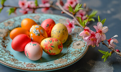 Obraz na płótnie Canvas Hand-painted Easter eggs lie on a blue plate, side view. Branch with pink flowers. Easter. Spring. The concept of Christianity and the victory of good over evil. Background for social networks and web